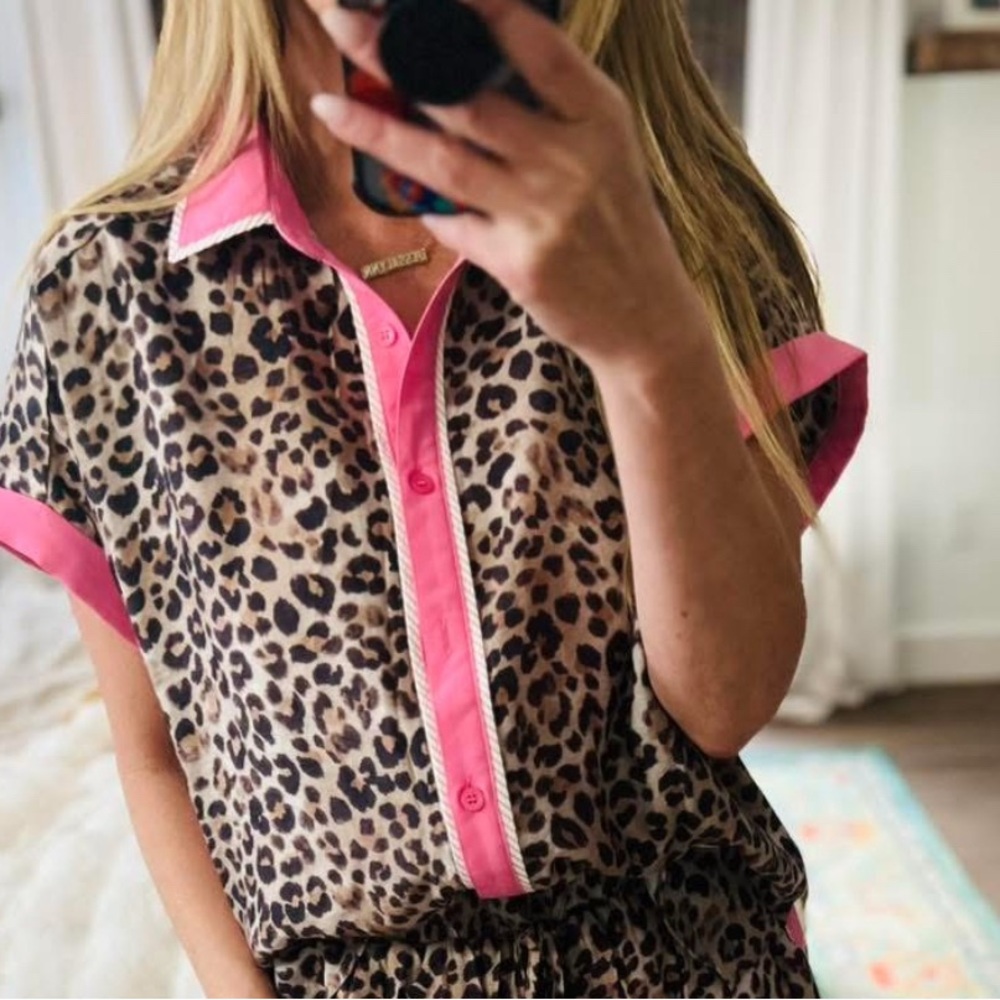 Leopard Print Blouse with Pink Accents